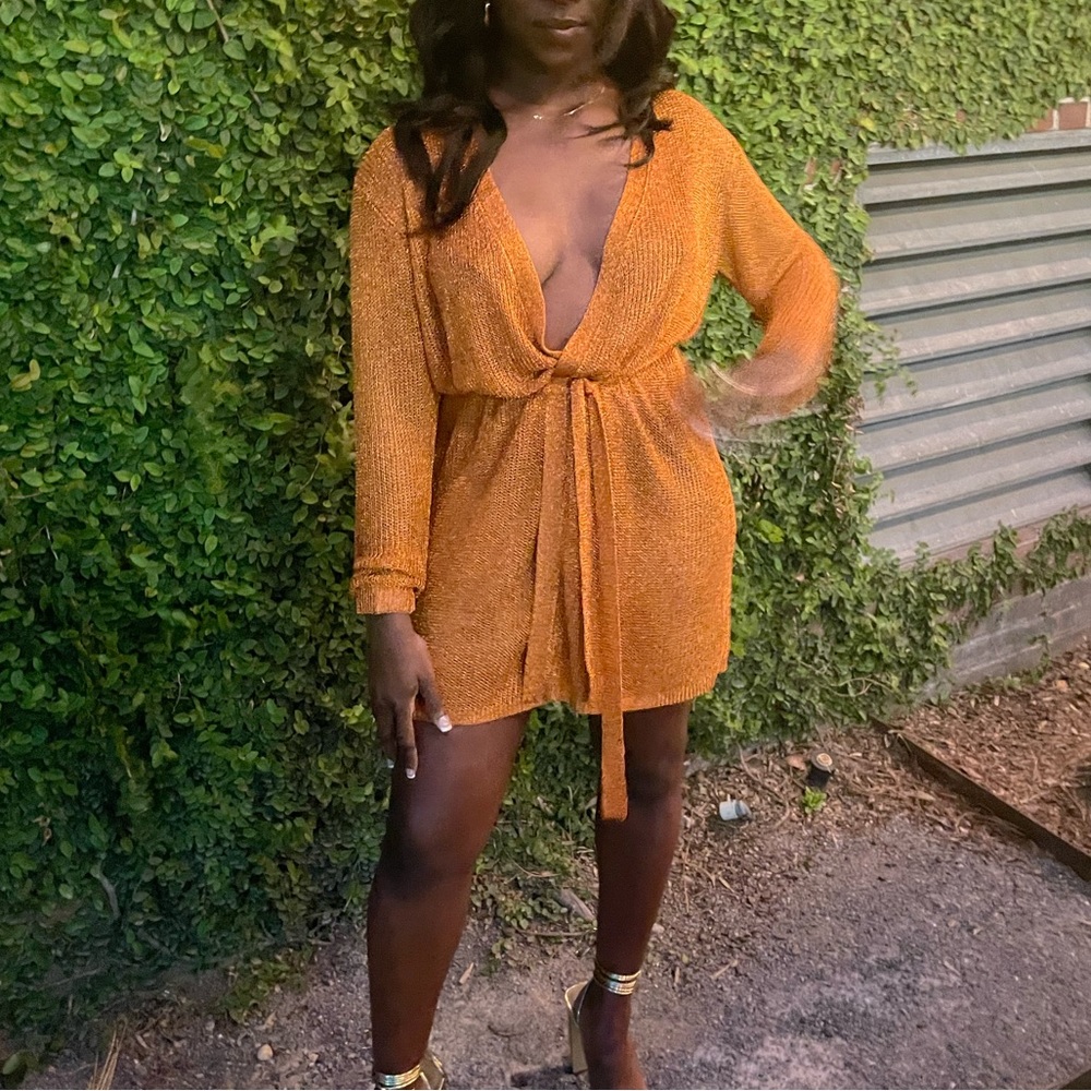 Princess Polly Orange Knit Deep V Mini Dress
